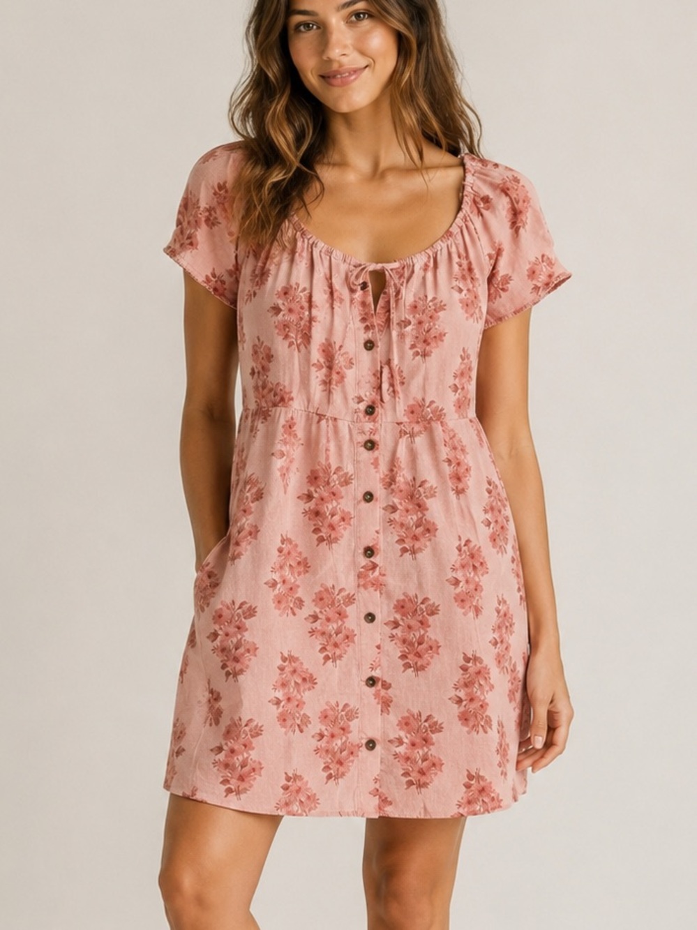 Universal Thread Pink Linen Floral Button Mini Dress Large